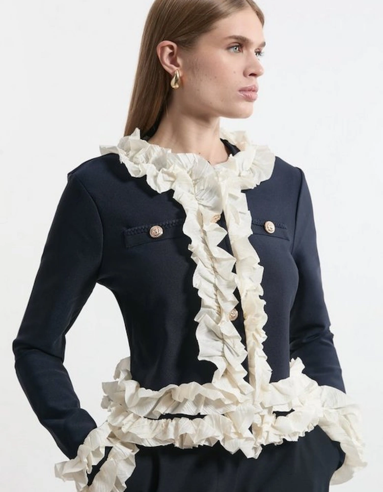 Figure Form Bandage Knit Jacket With Woven Ruffle Trim