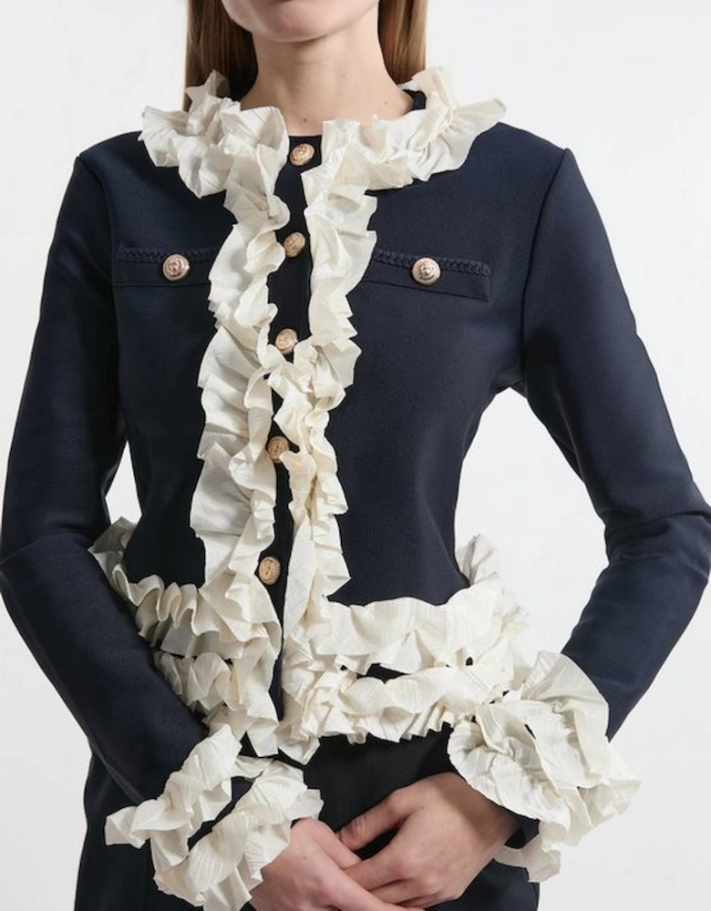 Figure Form Bandage Knit Jacket With Woven Ruffle Trim