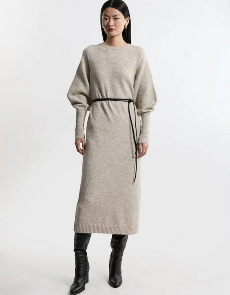 Wool Blend Cosy Knit Belted Long Sleeve Midi Dress