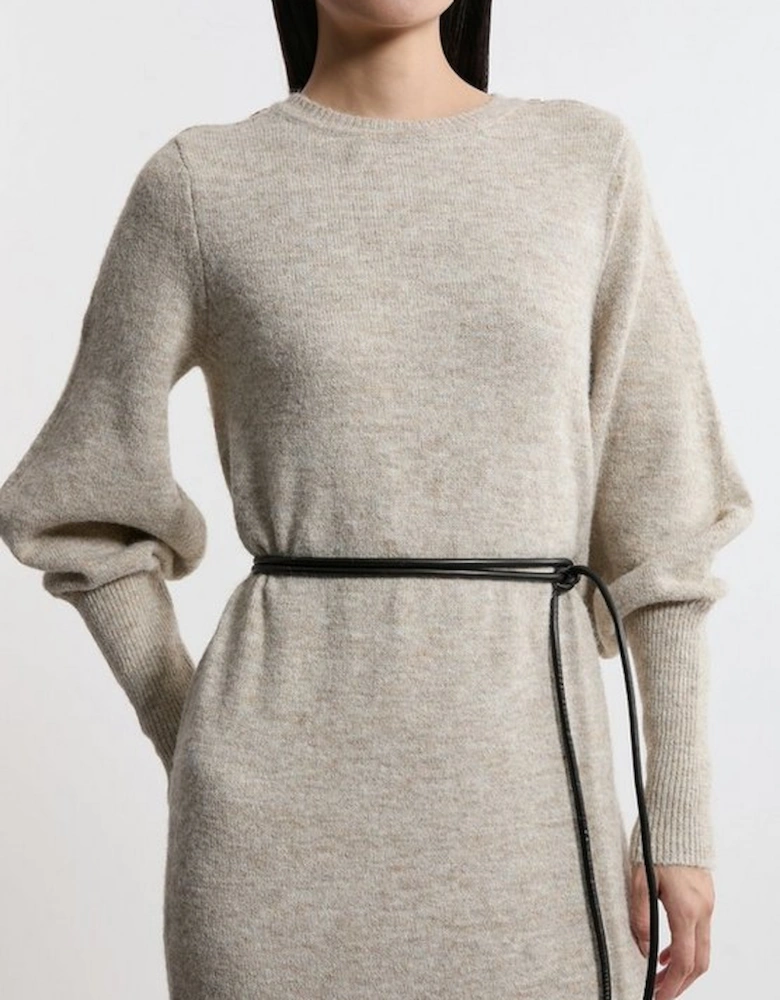 Wool Blend Cosy Knit Belted Long Sleeve Midi Dress