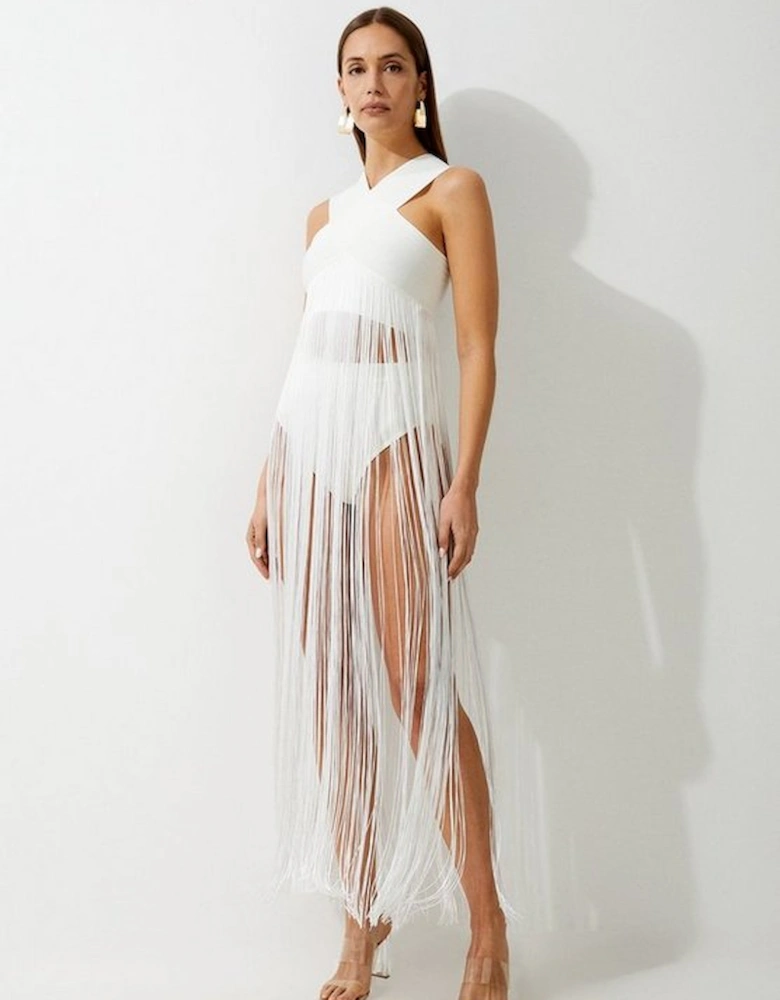 Bandage V Neck Cut Out Fringed Bikini Top