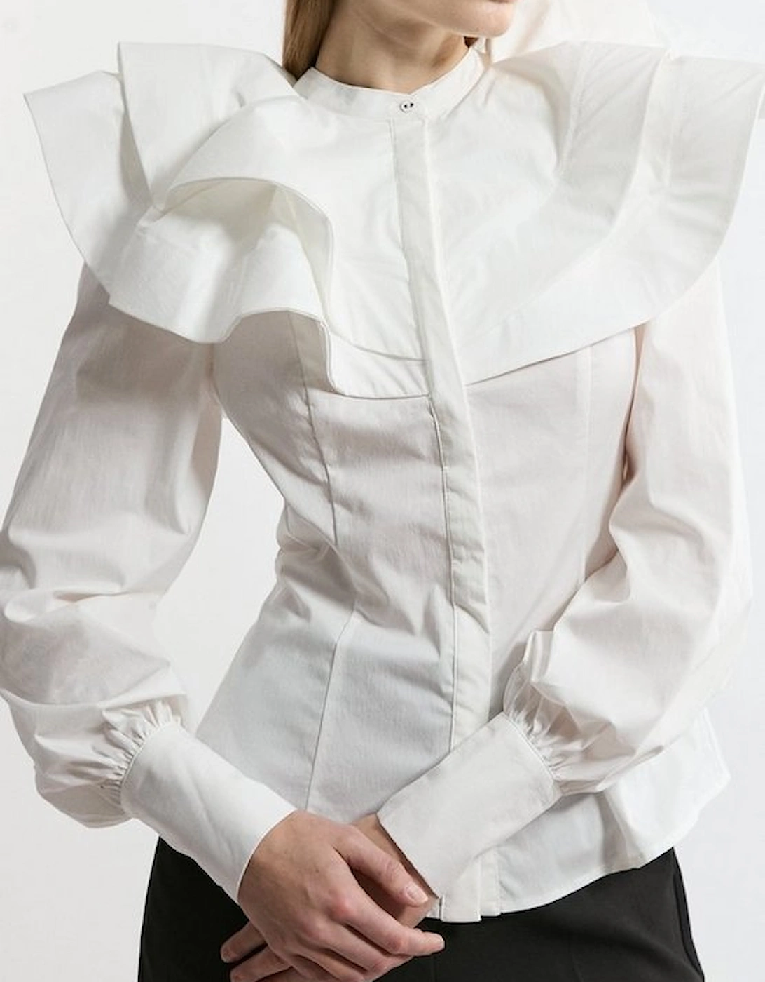 Lydia Millen Tall High Neck Ruffle Woven Cotton Shirt