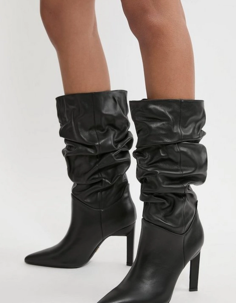 Suede Mid Calf Slouch Heeled Boot