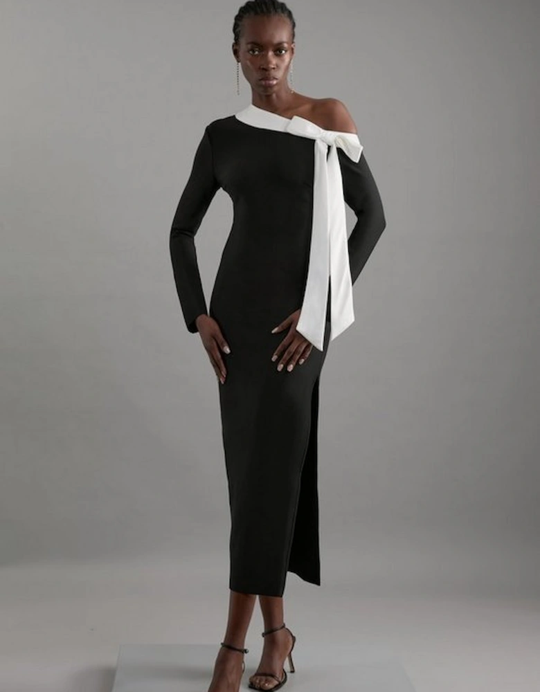 Figure Form Bandage Knit Contrast Bow Detail Maxi Dress