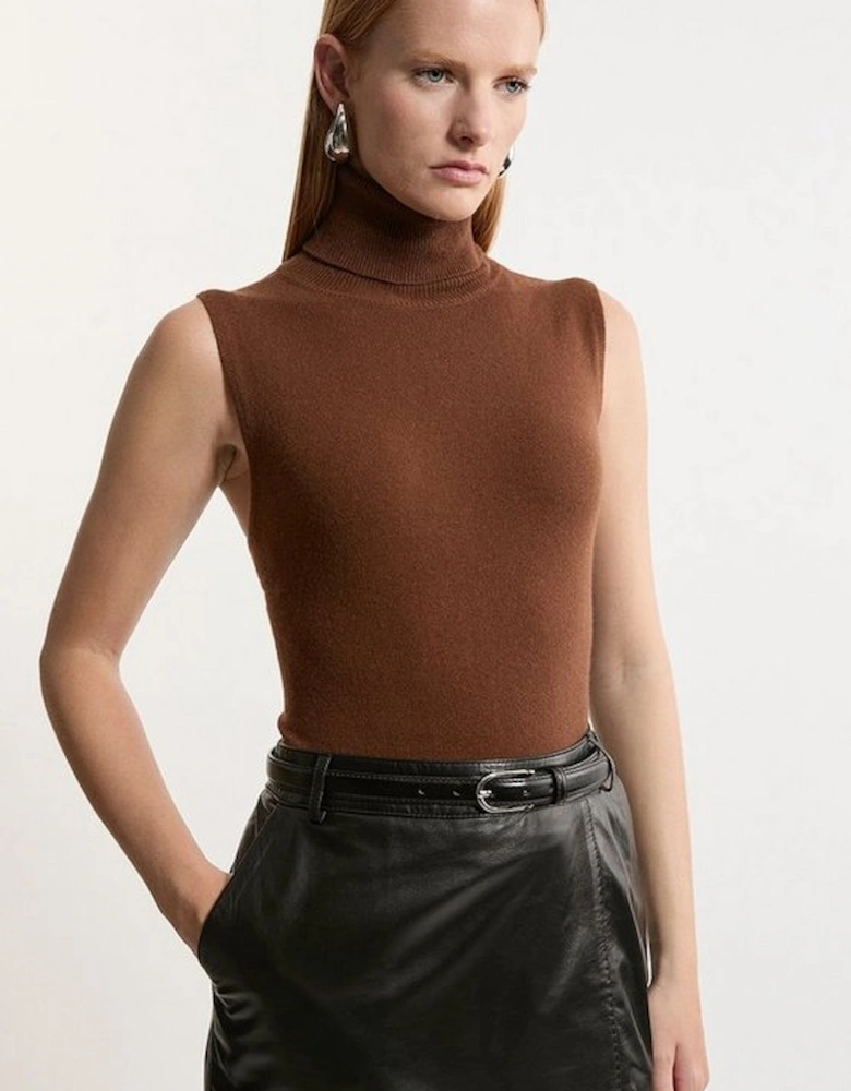 Cashmere Wool Blend Sleeveless Roll Neck Knit Top