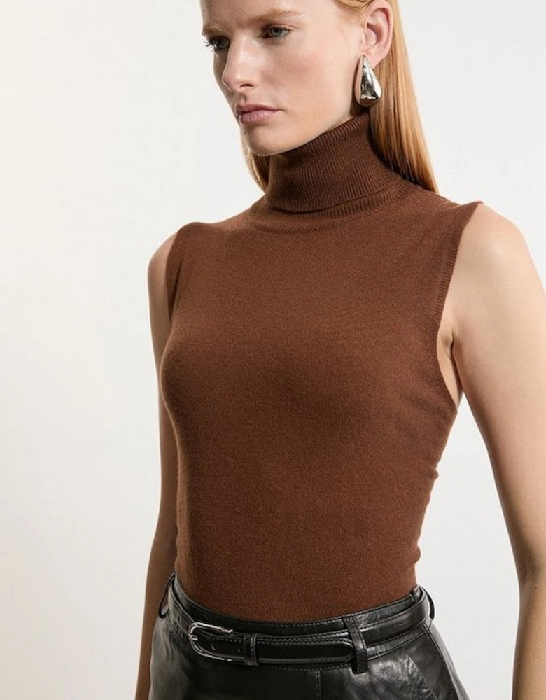 Cashmere Wool Blend Sleeveless Roll Neck Knit Top