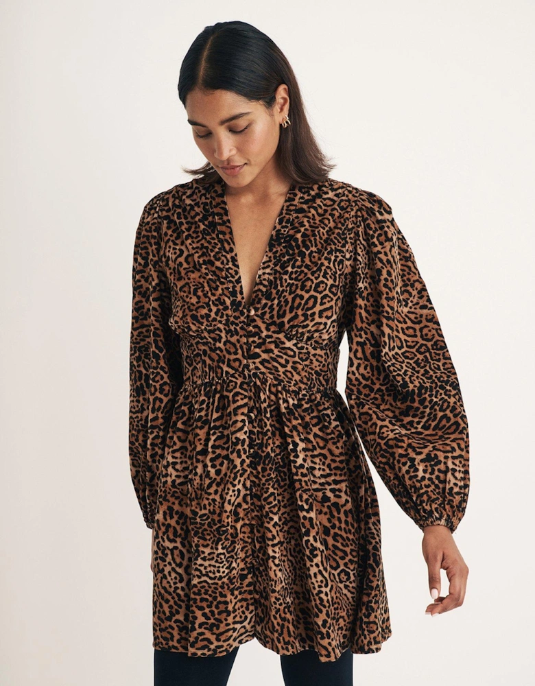 Leopard Print Button Down V Neck Cord Mini Dress - Multi