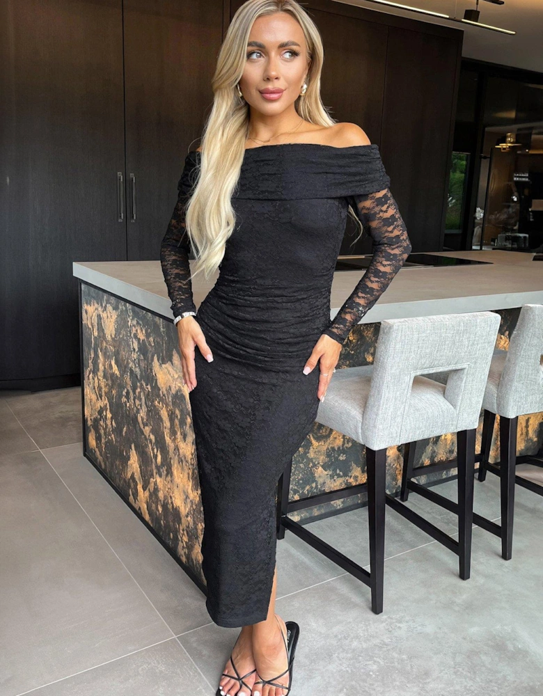 Lace Bardot Fold Over Top Long Sleeve Ruched Bodycon Midi Dress - Black