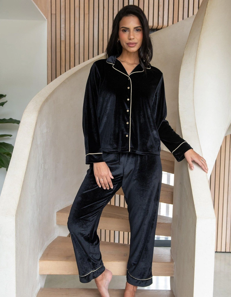 Velour Contrast Trim Pyjama Set - Black