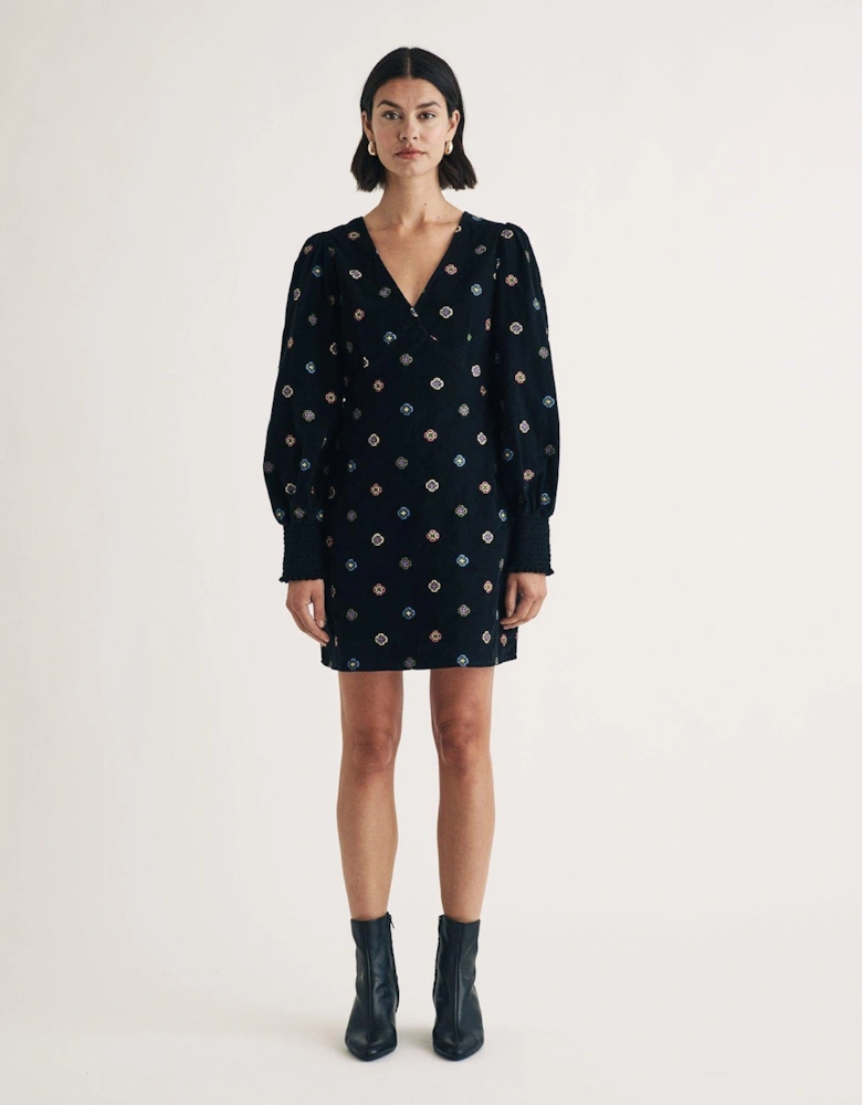 Embroidered Long Sleeve Cord Mini Dress - Black