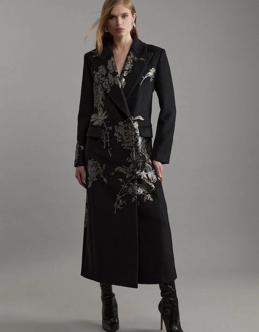 Wool Blend Sequin Embellished Placed Double Breasted Tailored Midiaxi Coat