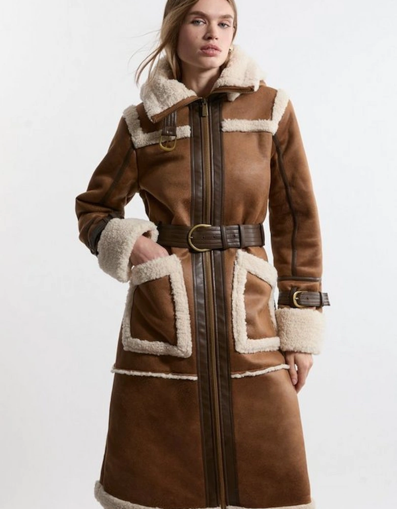 Faux Shearling Contrast Trim Hooded Midi Coat