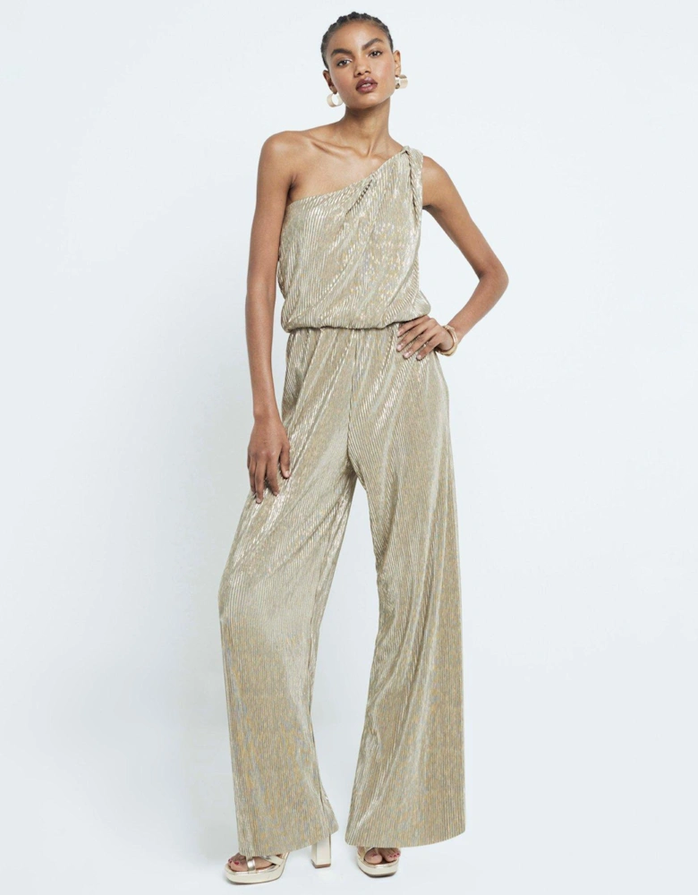 Asymmetric Metallic Plisse Jumpsuit - Gold