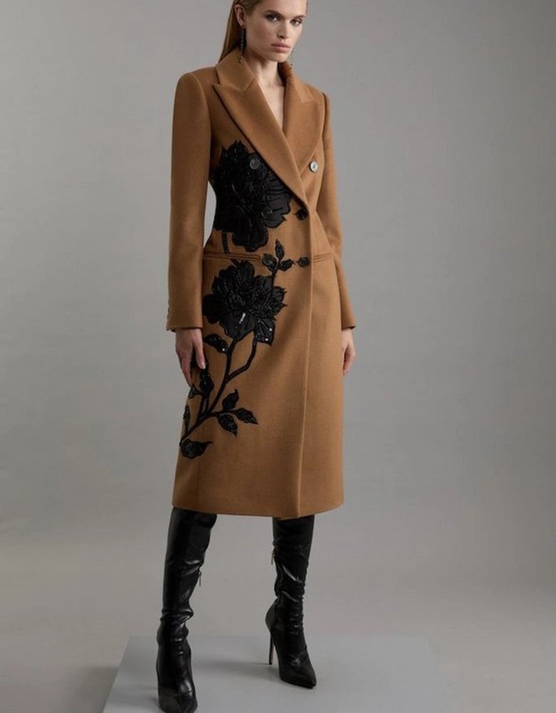 Wool Blend Taffeta Applique Embellished Double Breasted Tailored Midi Coat