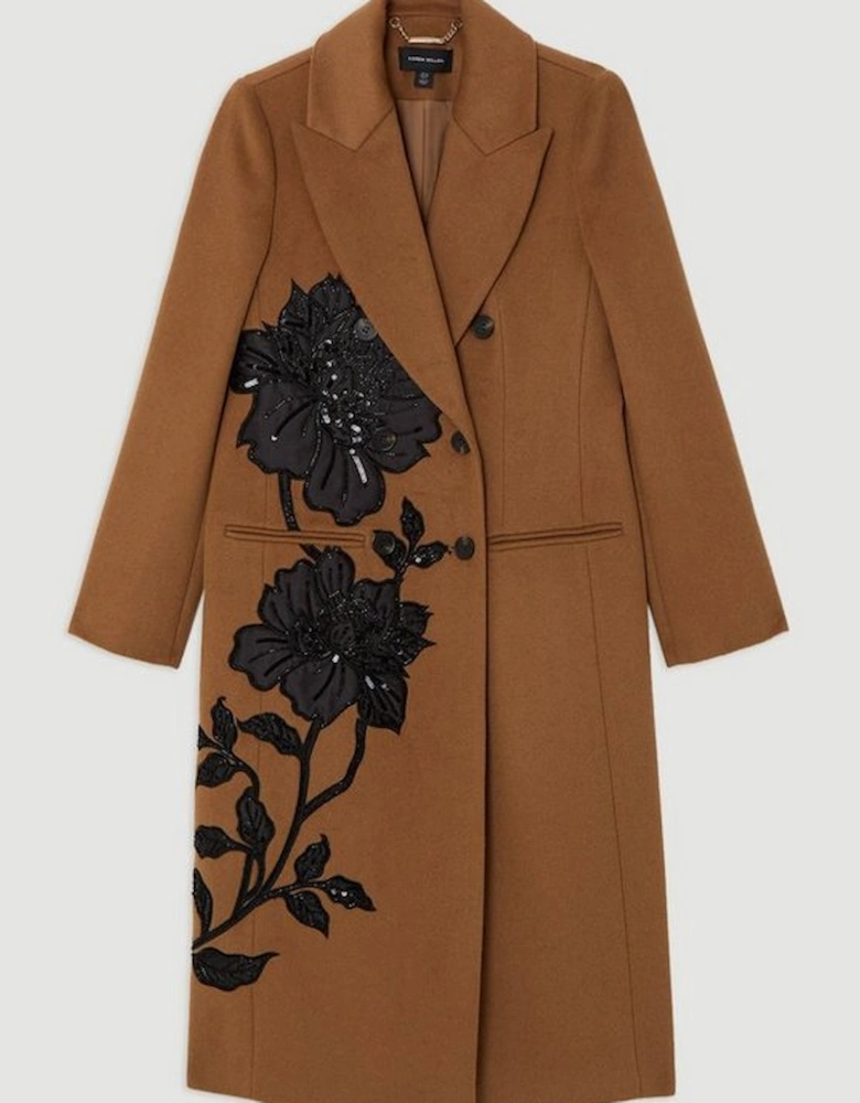 Wool Blend Taffeta Applique Embellished Double Breasted Tailored Midi Coat