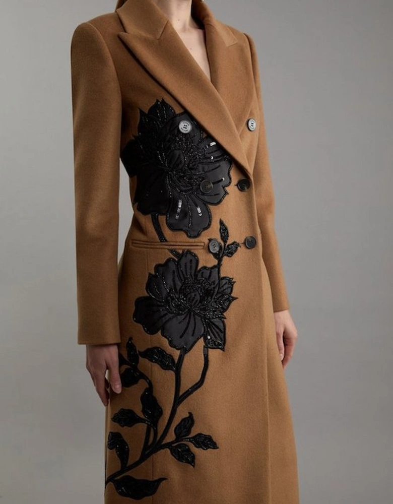 Wool Blend Taffeta Applique Embellished Double Breasted Tailored Midi Coat