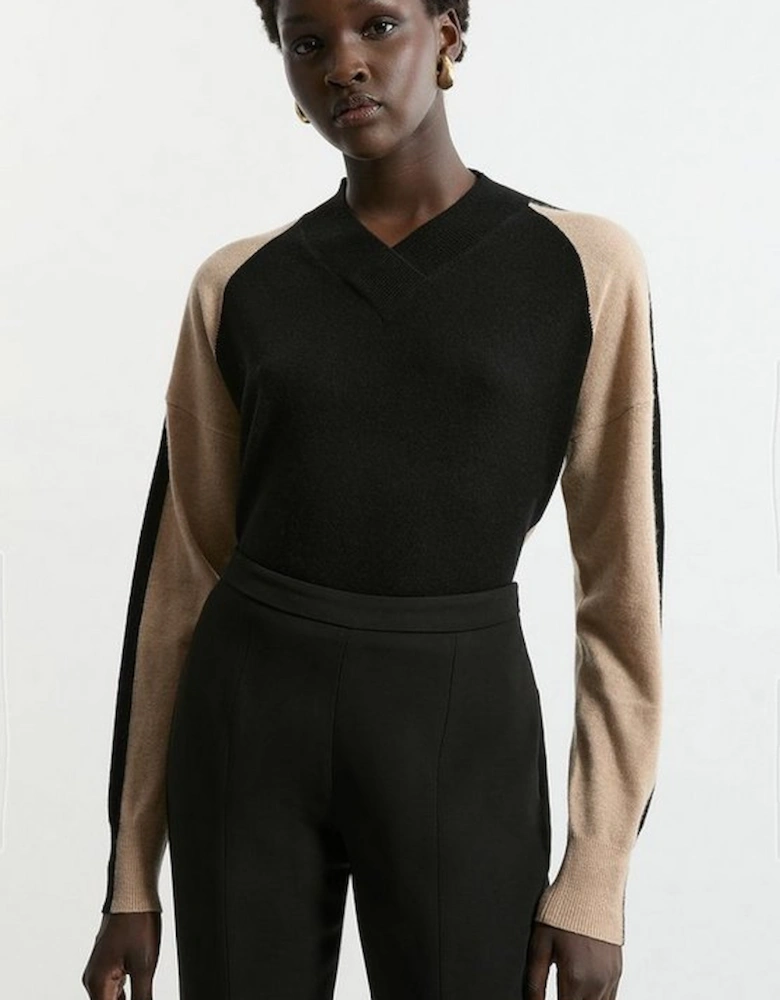 Cashmere Wool Knit High Neck Colour Block Jumper