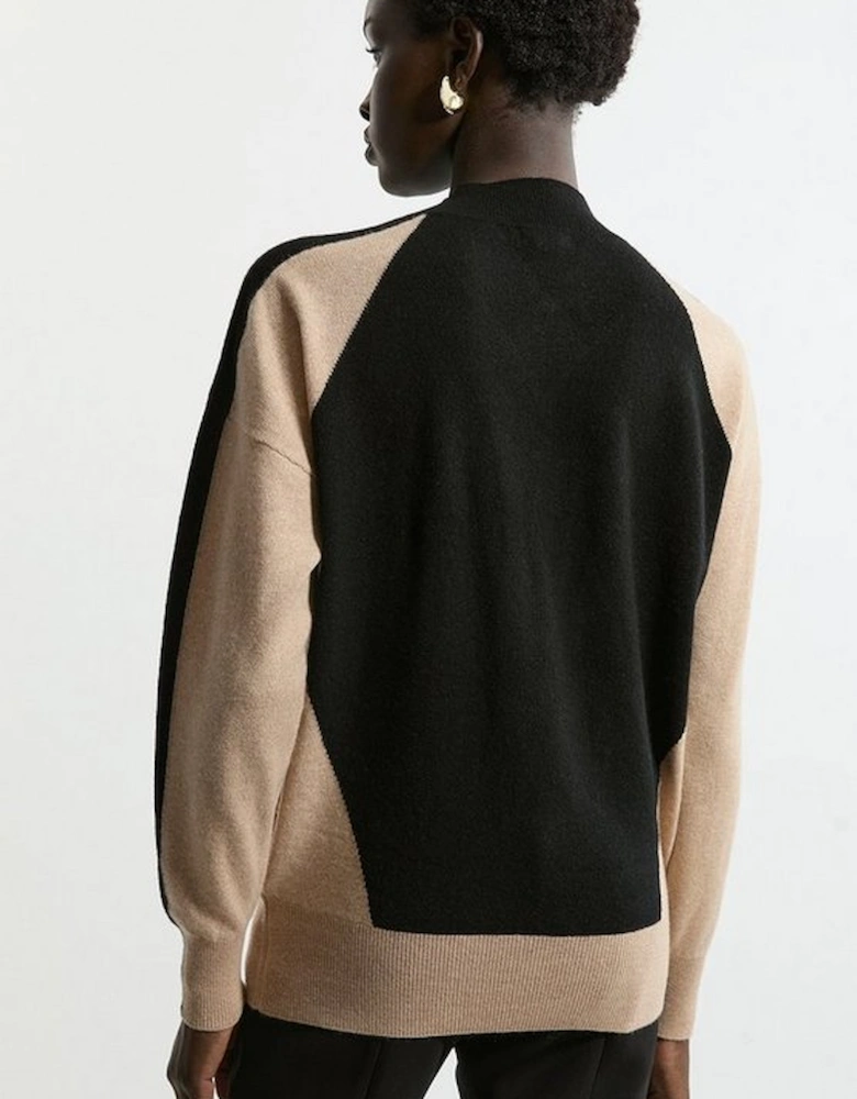 Cashmere Wool Knit High Neck Colour Block Jumper