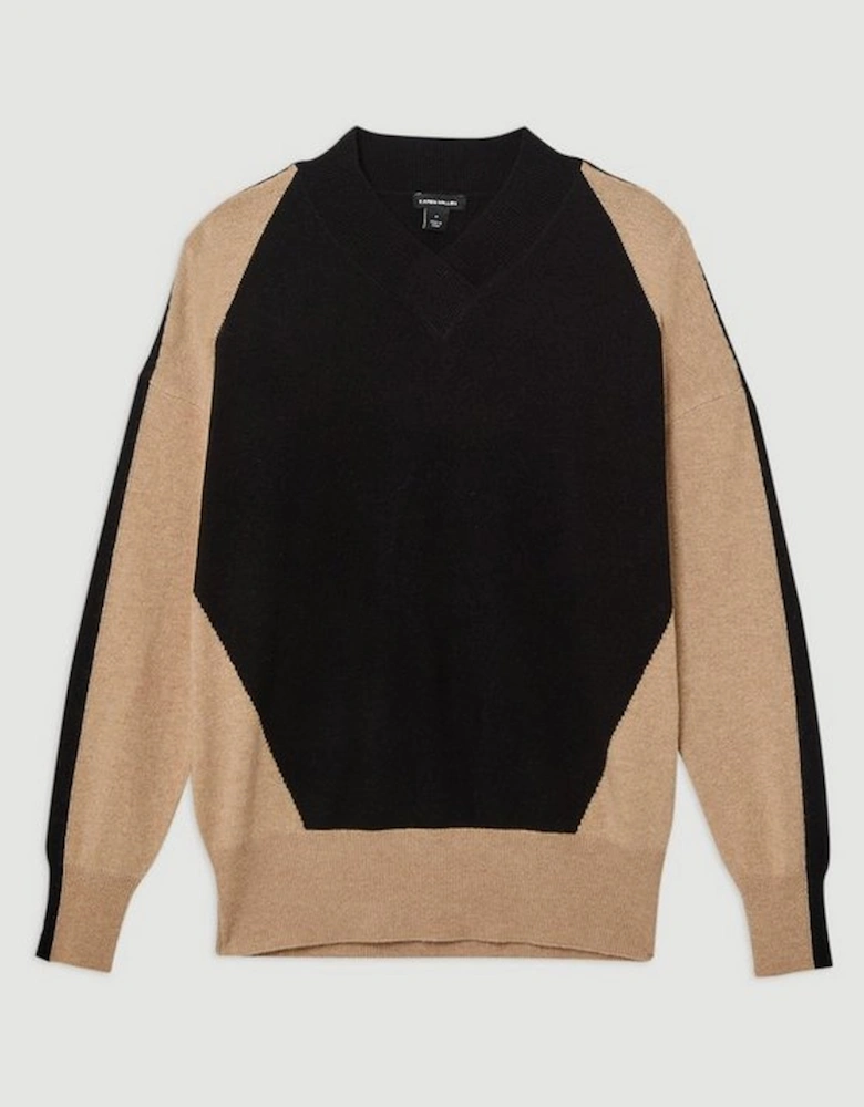 Cashmere Wool Knit High Neck Colour Block Jumper