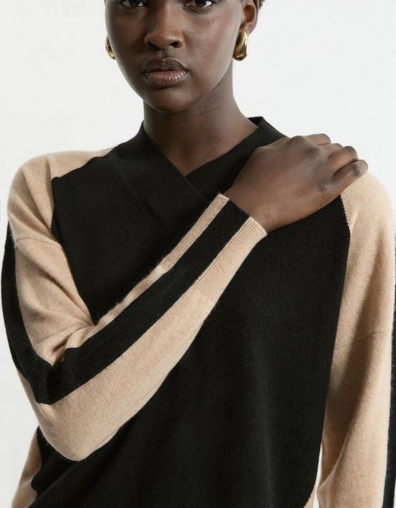 Cashmere Wool Knit High Neck Colour Block Jumper