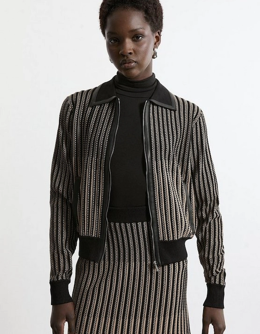 Shrunken Jacquard Knit Jacket Pu With Collar, 5 of 4