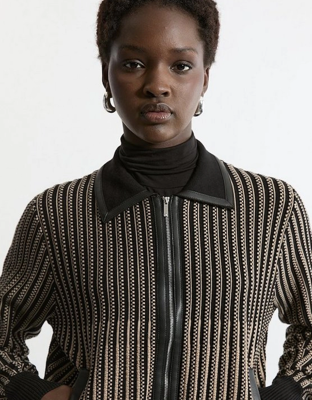 Shrunken Jacquard Knit Jacket Pu With Collar