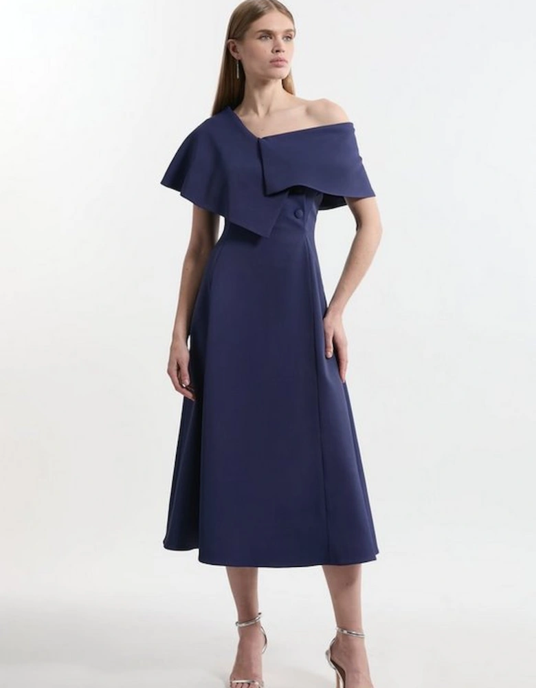 Italian Structured Rib Asymmetric Collar Tailored Full Skirt Maxi Dress