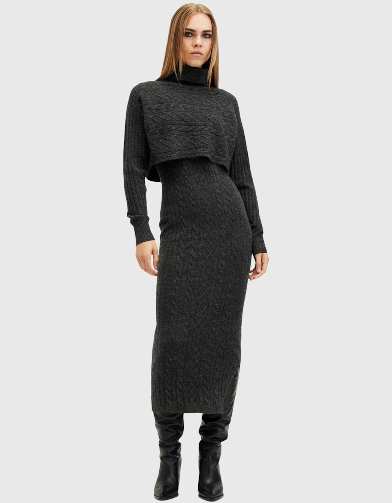 Muriel 2-In-1 Knitted Slim Midi Dress - Charcoal Black