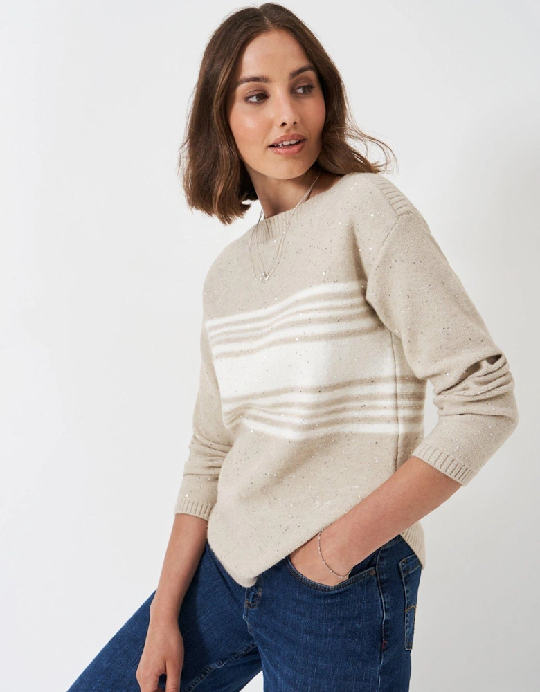 Sequin Jumper With Curved Hem - Beige