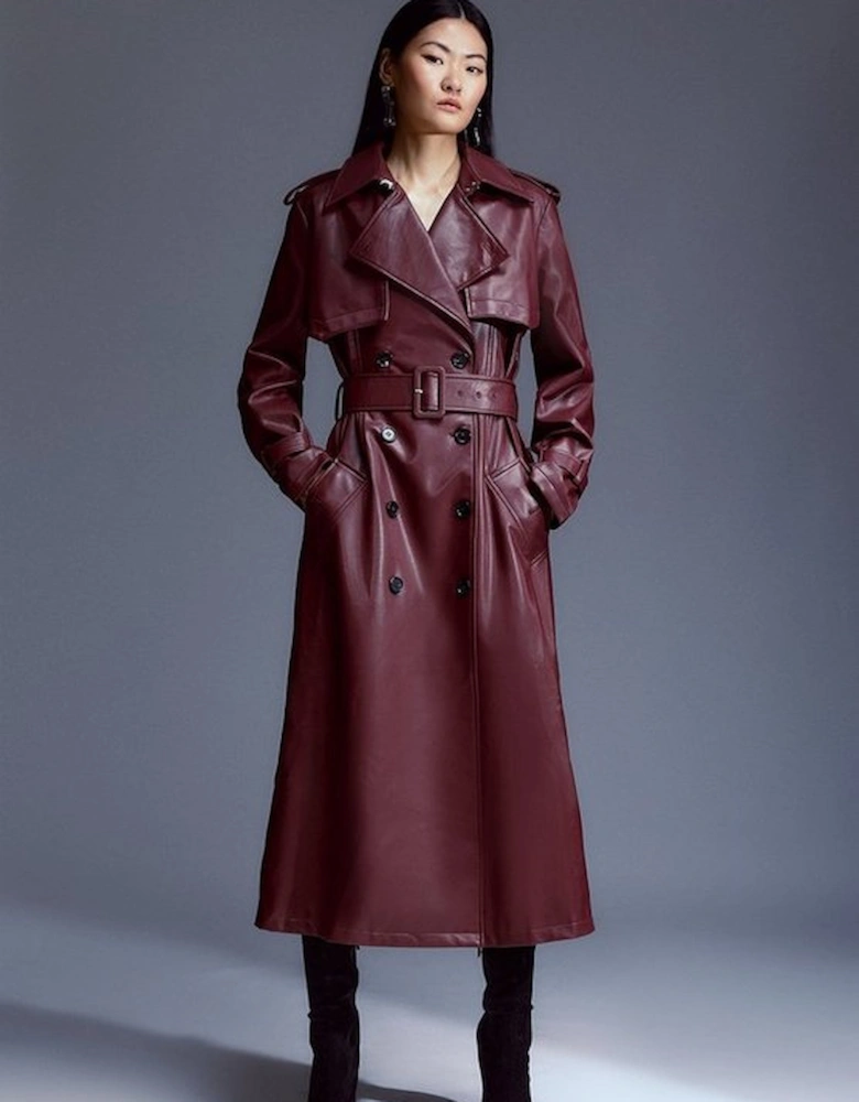 Tailored Faux Leather Belted Trench Coat