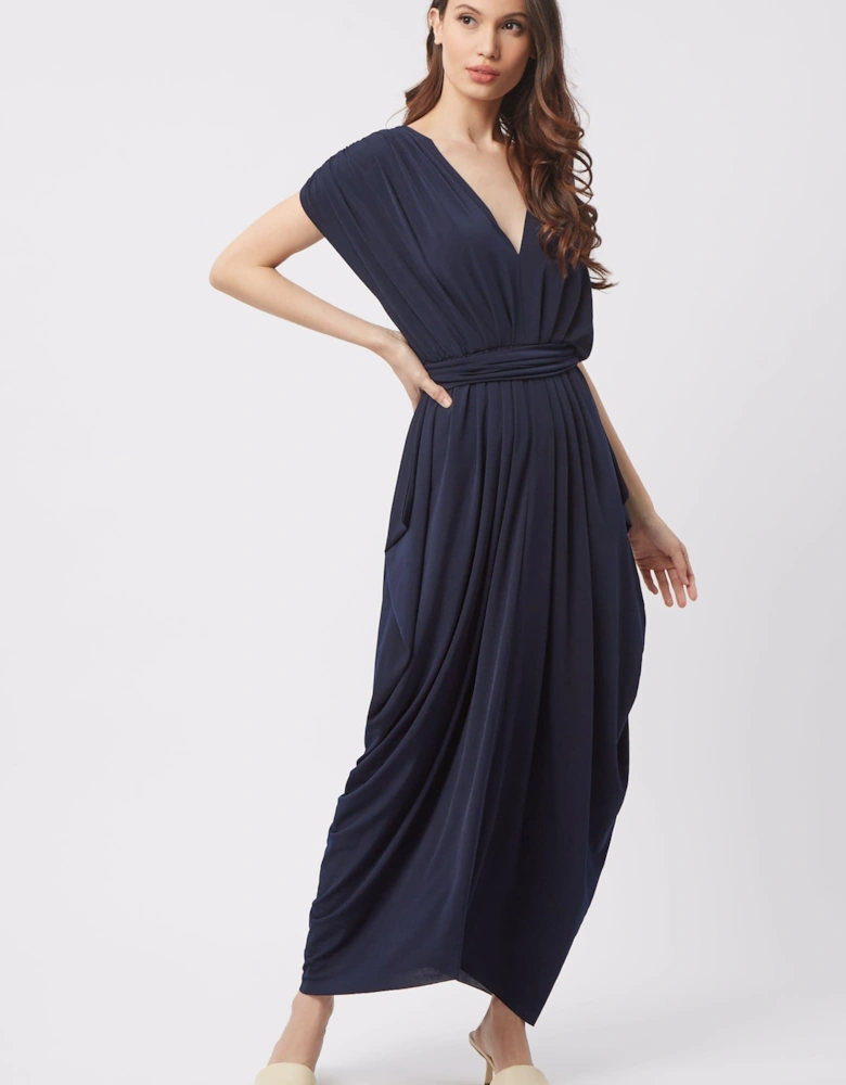 Batwing Pleated Maxi Dress (Navy)