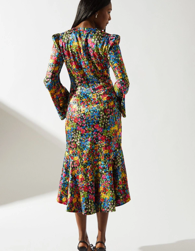 Ditsy Floral Printed Jacquard Knot Front Dress