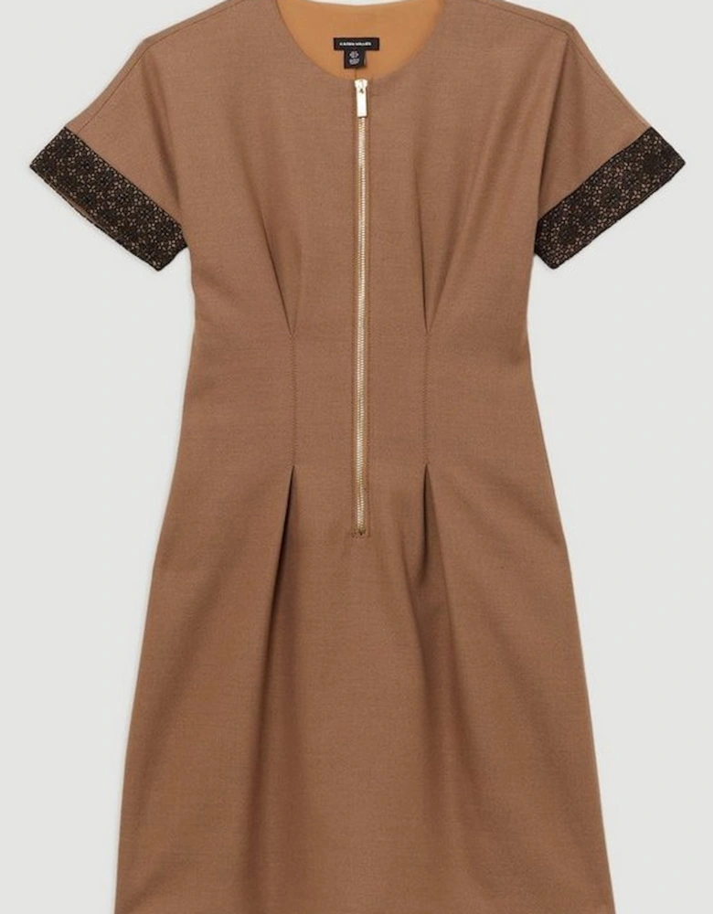 Tailored Twill Lace Mix Zip Front Mini Dress