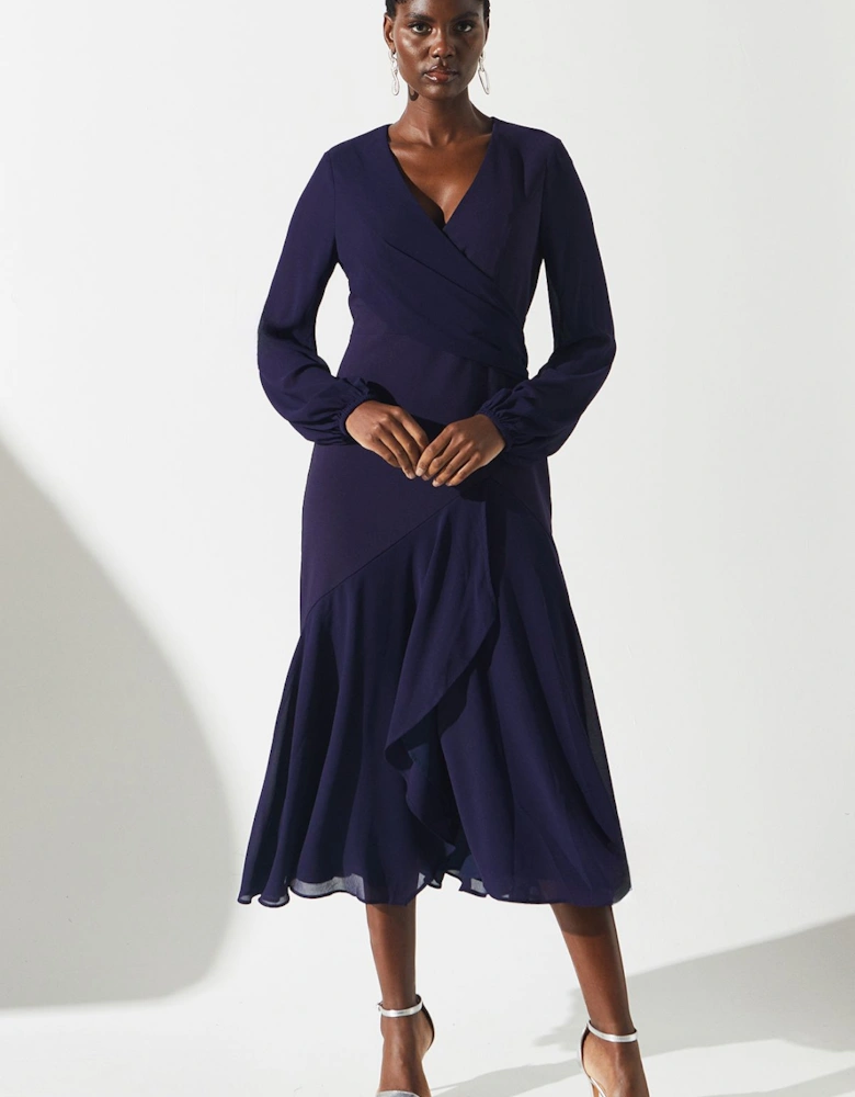 Chiffon And Crepe Mix Wrap Skirt Midi Dress