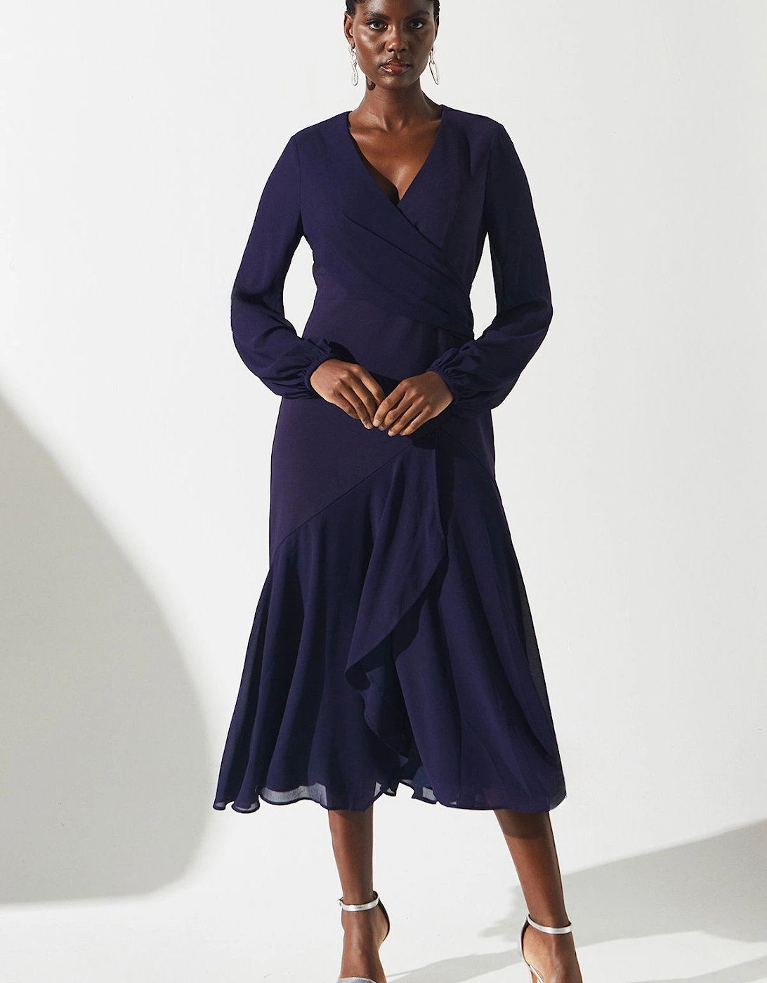 Chiffon And Crepe Mix Wrap Skirt Midi Dress, 6 of 5