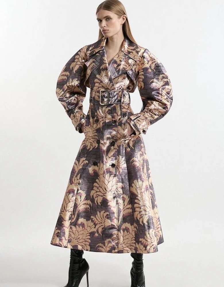 Metallic Floral Tailored Trench Maxi Coat