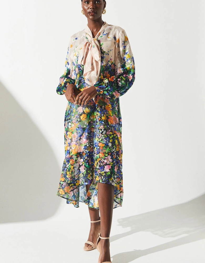 Printed Burnout Hanky Hem Midi Dress