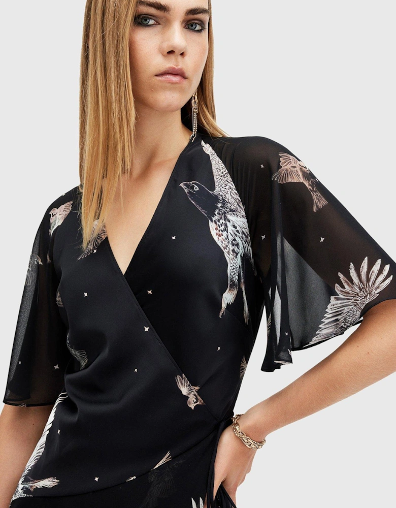 Alana Printed Wrap Over Midi Dress - Black