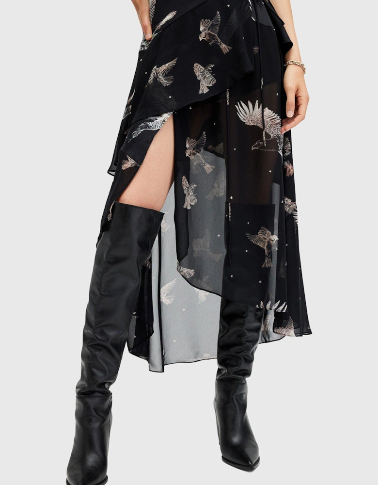Alana Printed Wrap Over Midi Dress - Black