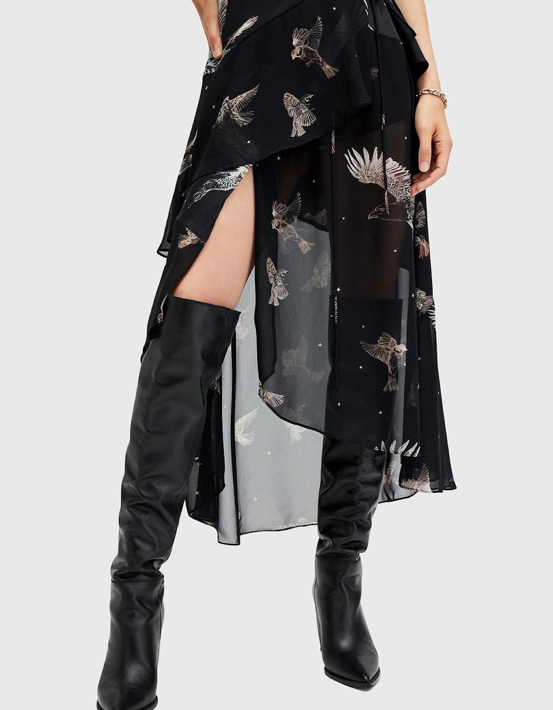 Alana Printed Wrap Over Midi Dress - Black