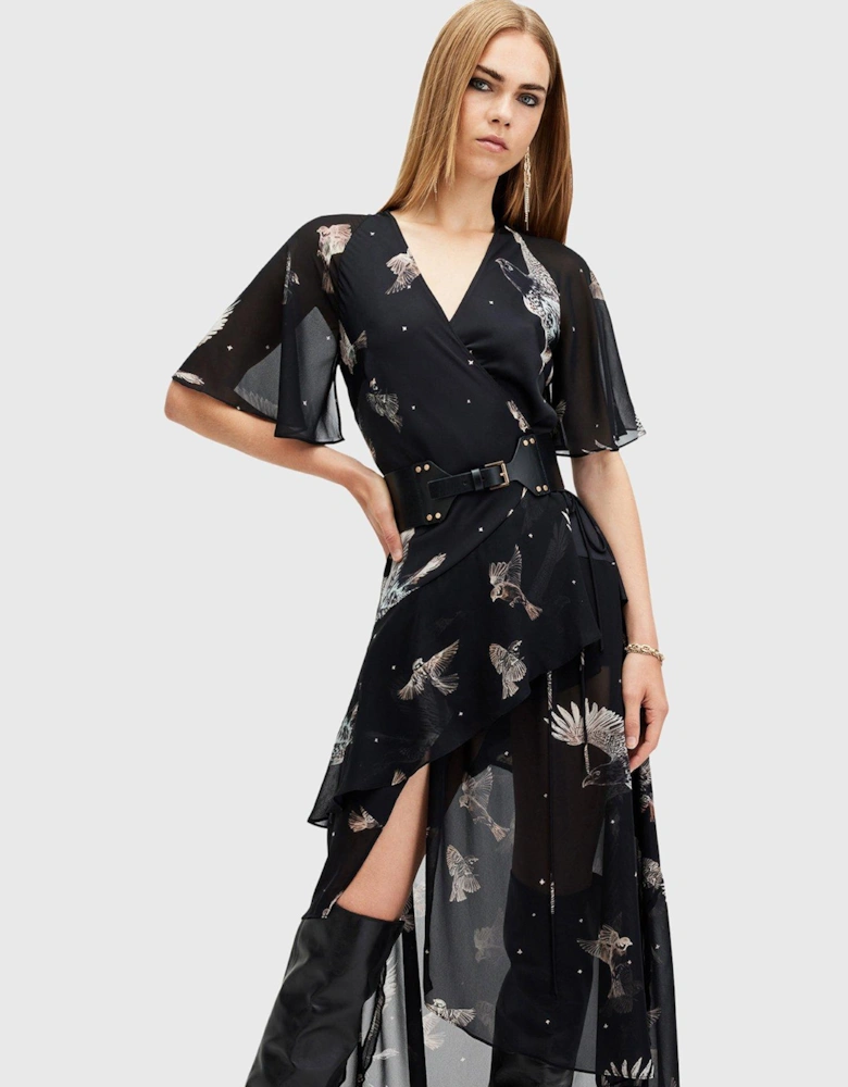 Alana Printed Wrap Over Midi Dress - Black