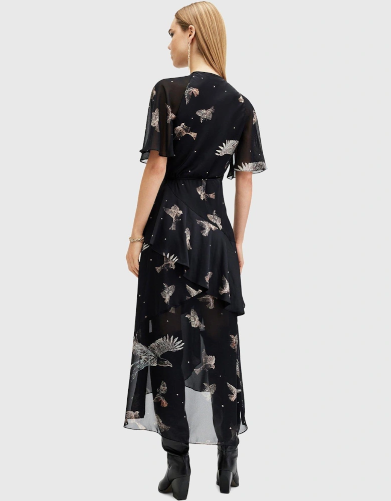 Alana Printed Wrap Over Midi Dress - Black