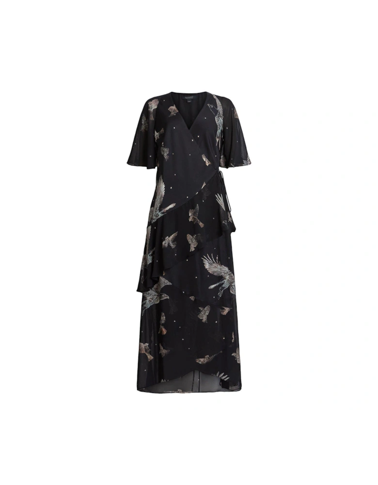 Alana Printed Wrap Over Midi Dress - Black