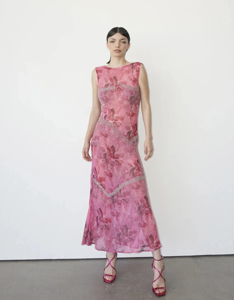 Bea Beaded Printed Chiffon Dress Pink