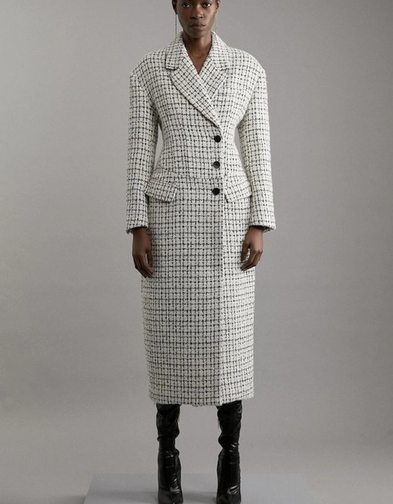 Metallic Texture Check Darted Waist Midaxi Tailored Coat