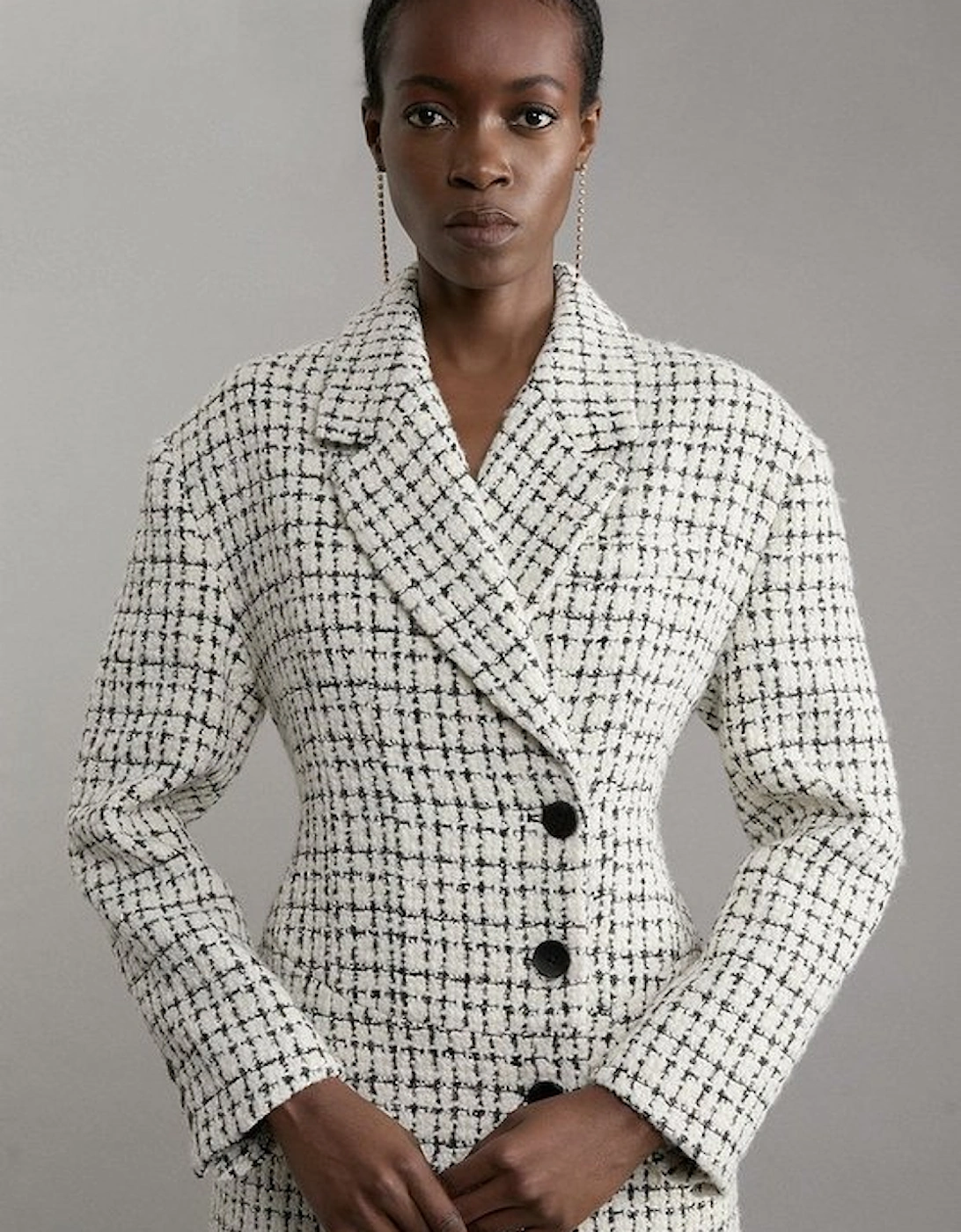 Metallic Texture Check Darted Waist Midaxi Tailored Coat