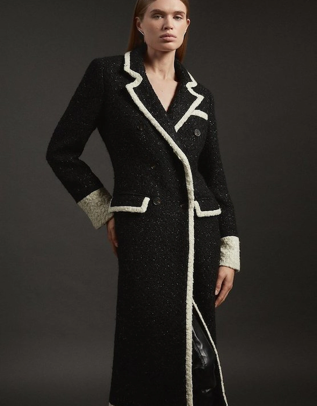 Texture Metallic Contrast Tipped Double Breasted Tailored Midi Coat, 5 of 4