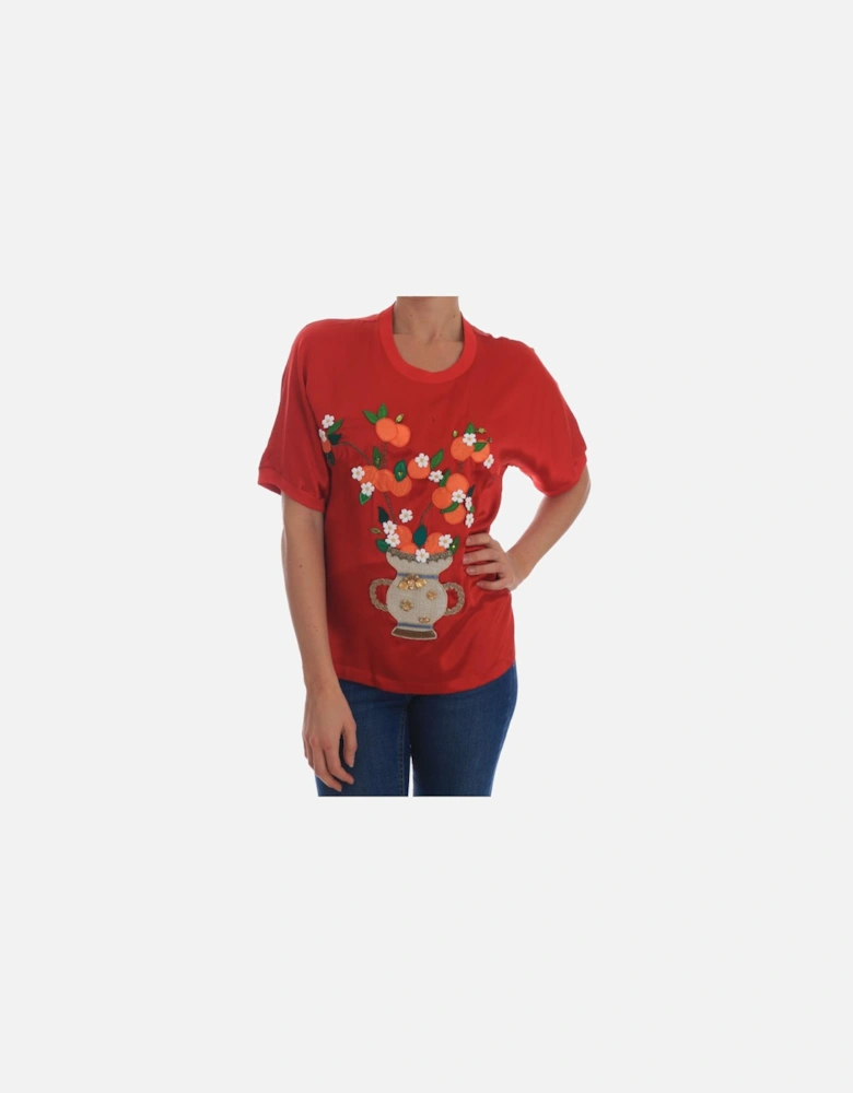 Dolce Gabbana Orange Vase Embroidered Silk Top Women T-Shirts