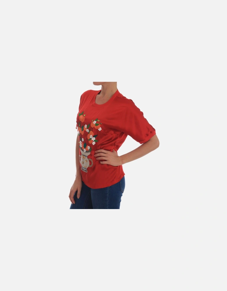 Dolce Gabbana Orange Vase Embroidered Silk Top Women T-Shirts