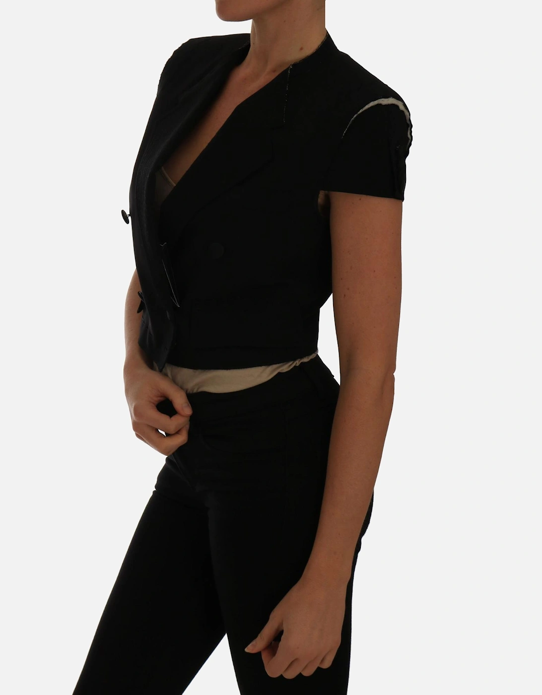 Cropped Jacket Short Sleeves VNeck Women - Black Jackets